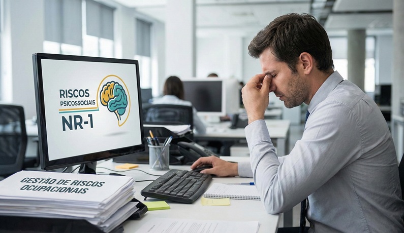 Infográfico sobre riscos psicossociais no trabalho e as etapas do programa PRISMA da Vitaryon para adequação à NR-1.