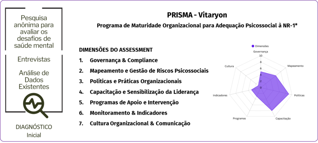 Gráfico de radar detalhando as 7 dimensões do Assessment PRISMA para maturidade organizacional.