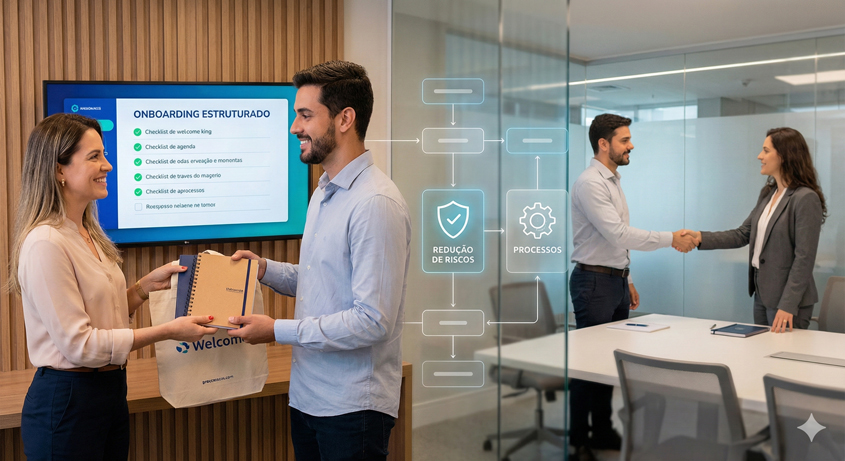 Cena de escritório moderno ilustrando a aplicação de uma política de admissão e demissão, com uma gestora recebendo um novo colaborador em primeiro plano e uma reunião de desligamento ocorrendo ao fundo.